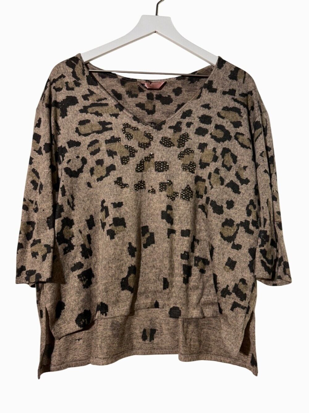 SJS Leopard Print Rhinestone Sweater V-Neck Dolman Women's Large
